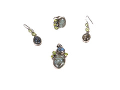 Set Bijuterii din Argint 925 - Cercei, Inel, Pandantiv - Peridot, Labradorit - Marime 8 - Verde