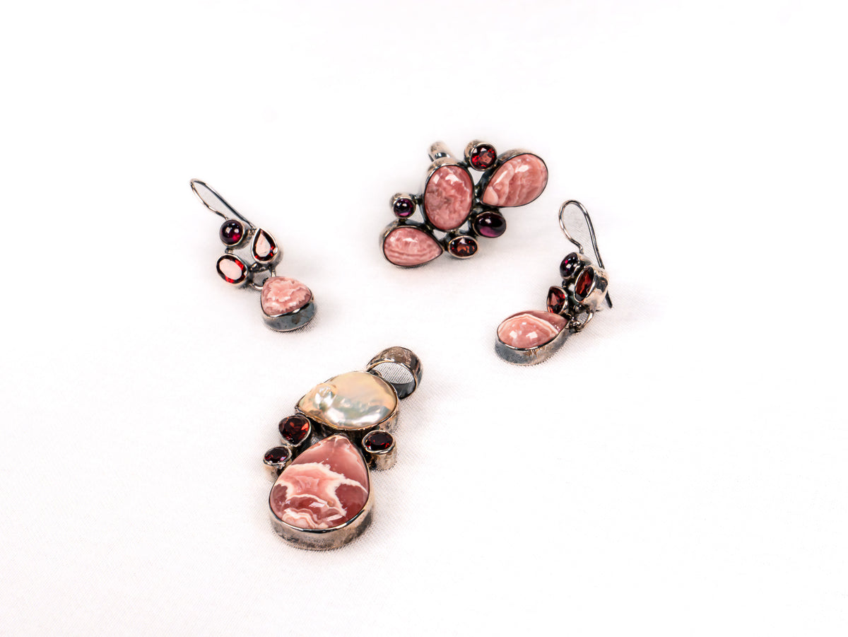 Set Bijuterii din Argint 925 - Cercei, Pandantiv, Inel - Rodocrozit, Granat - Marime 7 - Rosu, Rubiniu