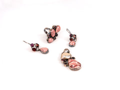 Set Bijuterii din Argint 925 - Cercei, Pandantiv, Inel - Rodocrozit, Granat - Marime 7 - Rosu, Rubiniu