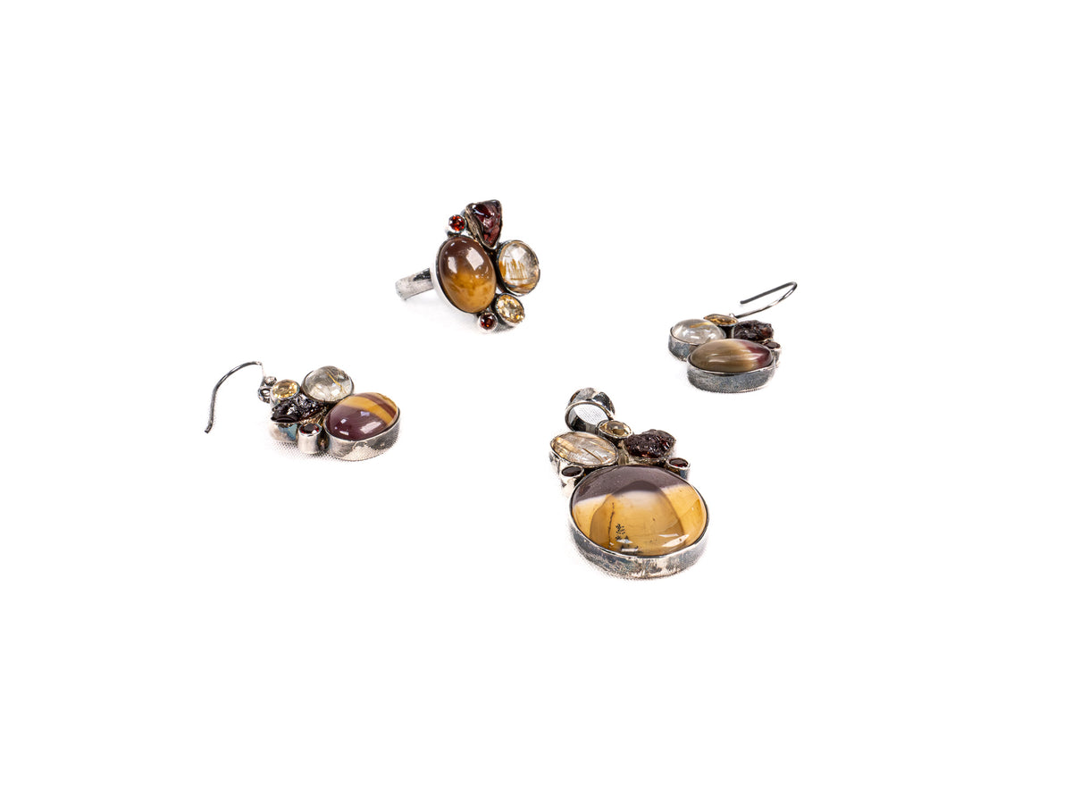 Set Bijuterii din Argint 925 - Cercei, Inel, Pandantiv - Mookaite, Citrin - Marime 9 / Reglabil - Maro