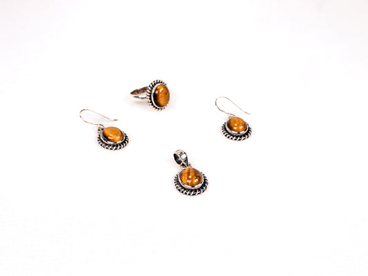 Set Bijuterii din Argint 925 - Cercei, Inel, Pandantiv - Ochi De Tigru - Marime 7 - Maro