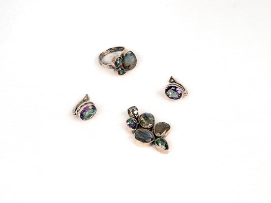 Set Bijuterii din Argint 925 - Cercei, Inel, Pandantiv - Labradorit Fatetat - Marime 8 / Reglabil - Verde