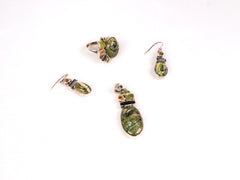 Set Bijuterii din Argint 925 - Cercei, Inel, Pandantiv - Peridot, Cabochon, Citrin - Marime 9 / Reglabil - Negru, Auriu