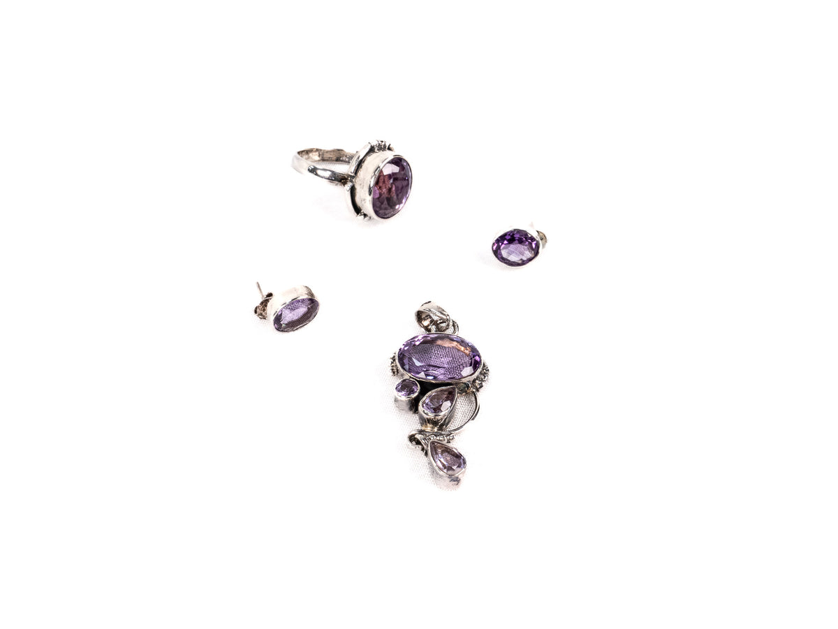 Set Bijuterii din Argint 925 - Cercei, Pandantiv, Inel - Ametist - Marime 9 / Reglabil - Violet