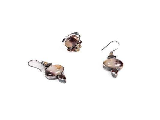 Set Bijuterii din Argint 925 - Inel, Cercei - Agat - Marime 8 / Reglabil - Rosu, Maro