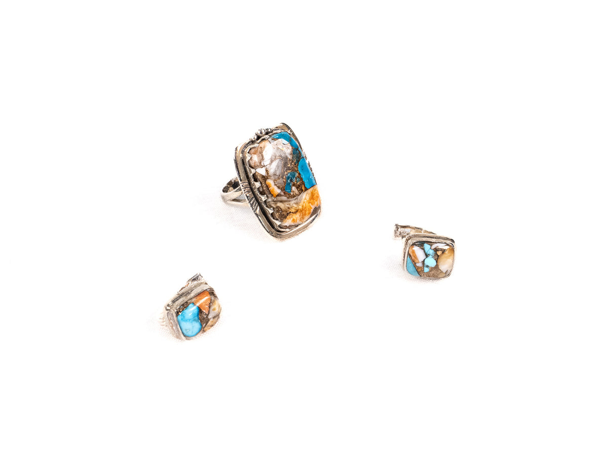 Set Bijuterii din Argint 925 - Cercei, Inel - Spiny Oister - Marime 9 - Multicolor