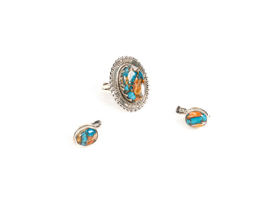 Set Bijuterii din Argint 925 - Cercei, Inel - Spiny Oister - Marime 8.5 - Multicolor