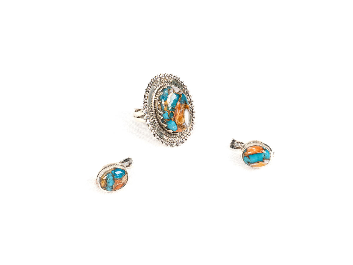 Set Bijuterii din Argint 925 - Cercei, Inel - Spiny Oister - Marime 8.5 - Multicolor