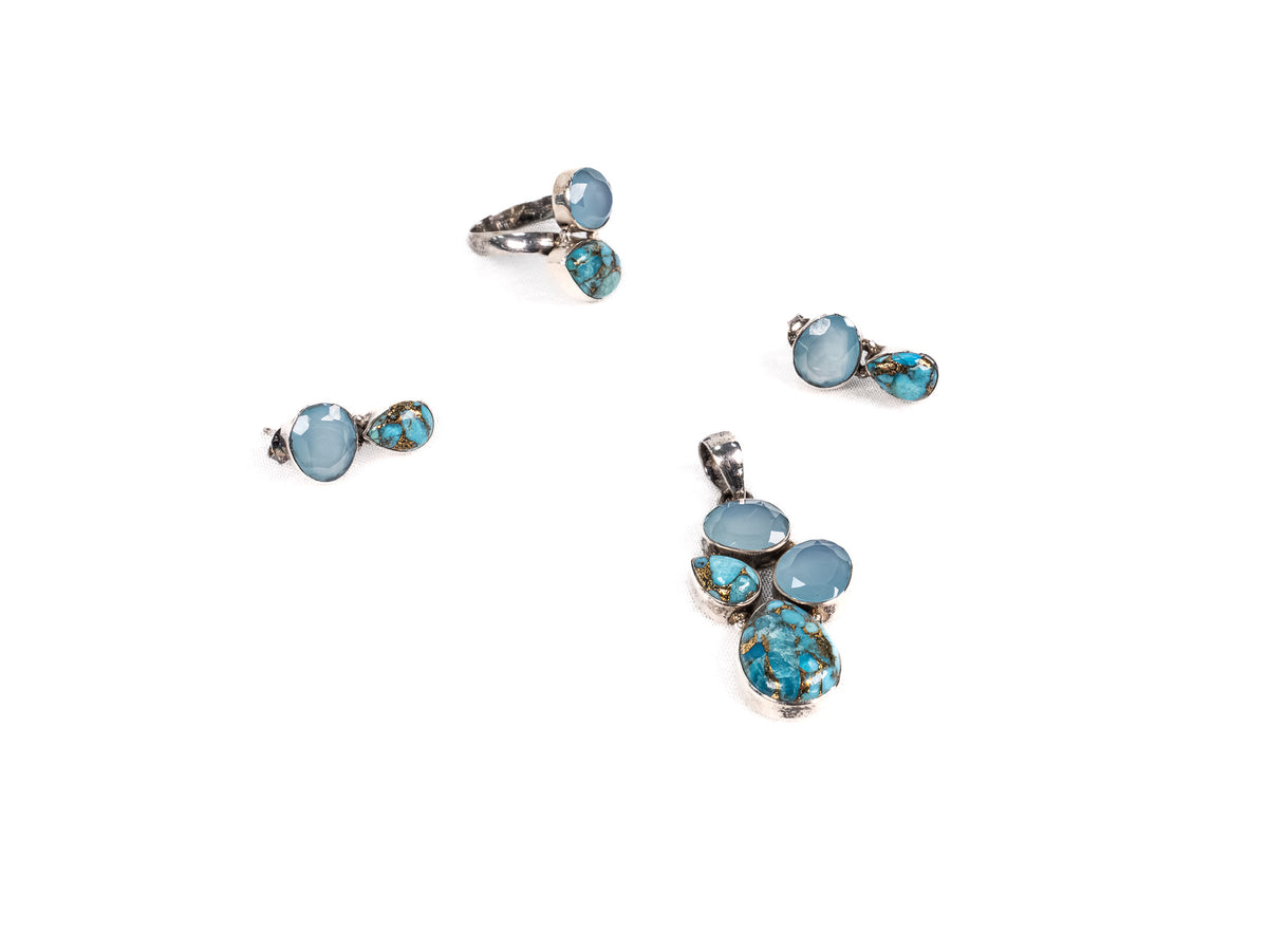 Set Bijuterii din Argint 925 - Cercei, Inel, Pandantiv - Turcoaz - Marime 7 / Reglabil - Bleu