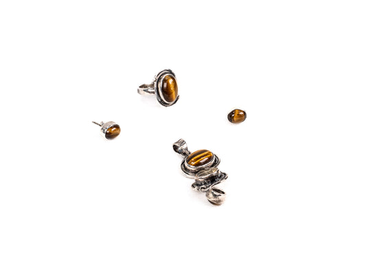 Set Bijuterii din Argint 925 - Cercei, Inel, Pandantiv - Ochi De Tigru, Citrin - Marime 8 / Reglabil - Auriu