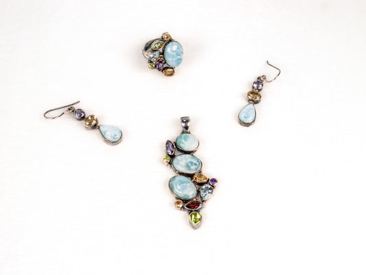 Set Bijuterii din Argint 925 - Cercei, Inel, Pandantiv - Ametist, Citrin, Larimar, Peridot - Marime 7 / Reglabil - Multicolor