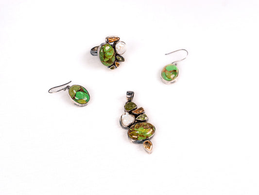 Set Bijuterii din Argint 925 - Cercei, Inel, Pandantiv - Turcoaz, Citrin - Marime 9 / Reglabil - Alb, Auriu