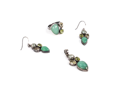 Set Bijuterii din Argint 925 - Cercei, Inel, Pandantiv - Peridot, Calcedonie, Perla Verde - Marime 9 / Reglabil - Inchis, Deschis