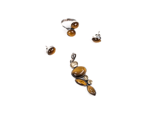 Set Bijuterii din Argint 925 - Cercei, Inel, Pandantiv - Ochi De Tigru, Citrin - Marime 9 / Reglabil - Auriu