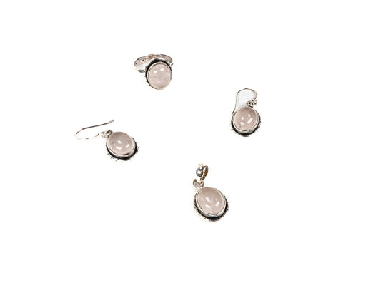 Set Bijuterii din Argint 925 - Cercei, Inel, Pandantiv - Cuart Roz - Marime 7 - Roz