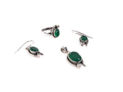 Set Bijuterii din Argint 925 - Cercei, Inel, Pandantiv - Onix Verde - Marime 8 / Reglabil - Verde