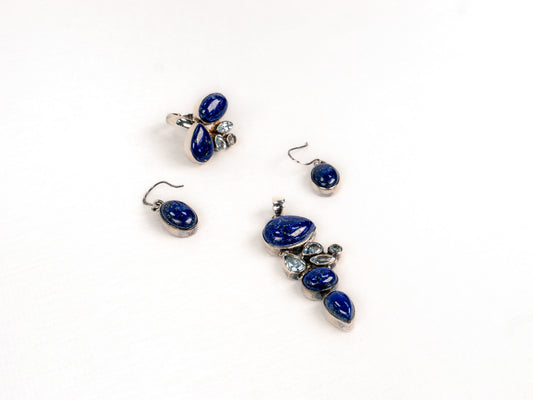 Set Bijuterii din Argint 925 - Inel, Pandantiv, Cercei - Lapis Lazuli, Aquamarine - Marime 8 / Reglabil - Bleu