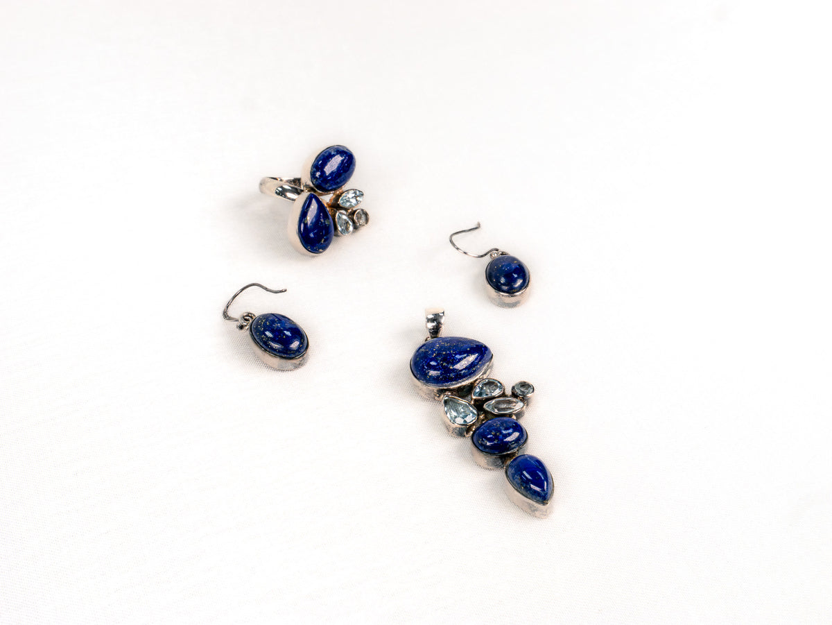 Set Bijuterii din Argint 925 - Inel, Pandantiv, Cercei - Lapis Lazuli, Aquamarine - Marime 8 / Reglabil - Bleu