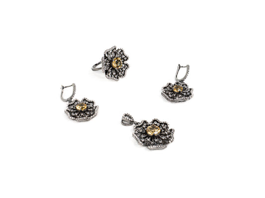 Set Bijuterii din Argint 925 - Cercei, Inel, Pandantiv - Citrin - Marime 8 - Auriu