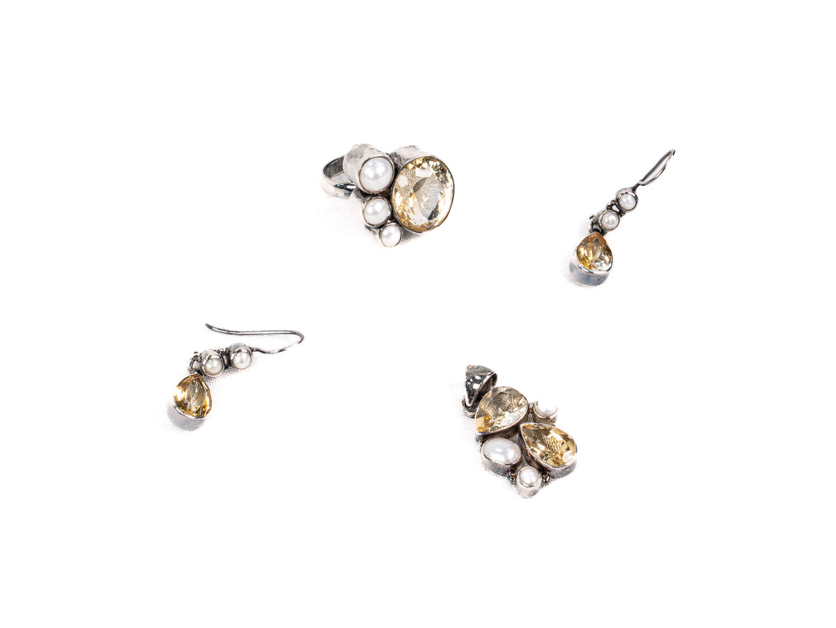 Set Bijuterii din Argint 925 - Cercei, Inel, Pandantiv - Citrin - Marime 7 - Auriu