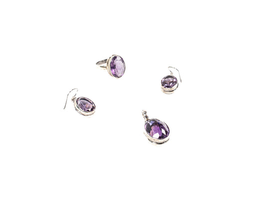 Set Bijuterii din Argint 925 - Cercei, Inel, Pandantiv - Ametist - Marime 7 - Violet