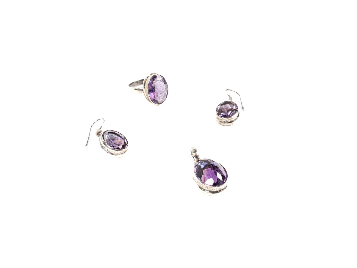 Set Bijuterii din Argint 925 - Cercei, Inel, Pandantiv - Ametist - Marime 7 - Violet