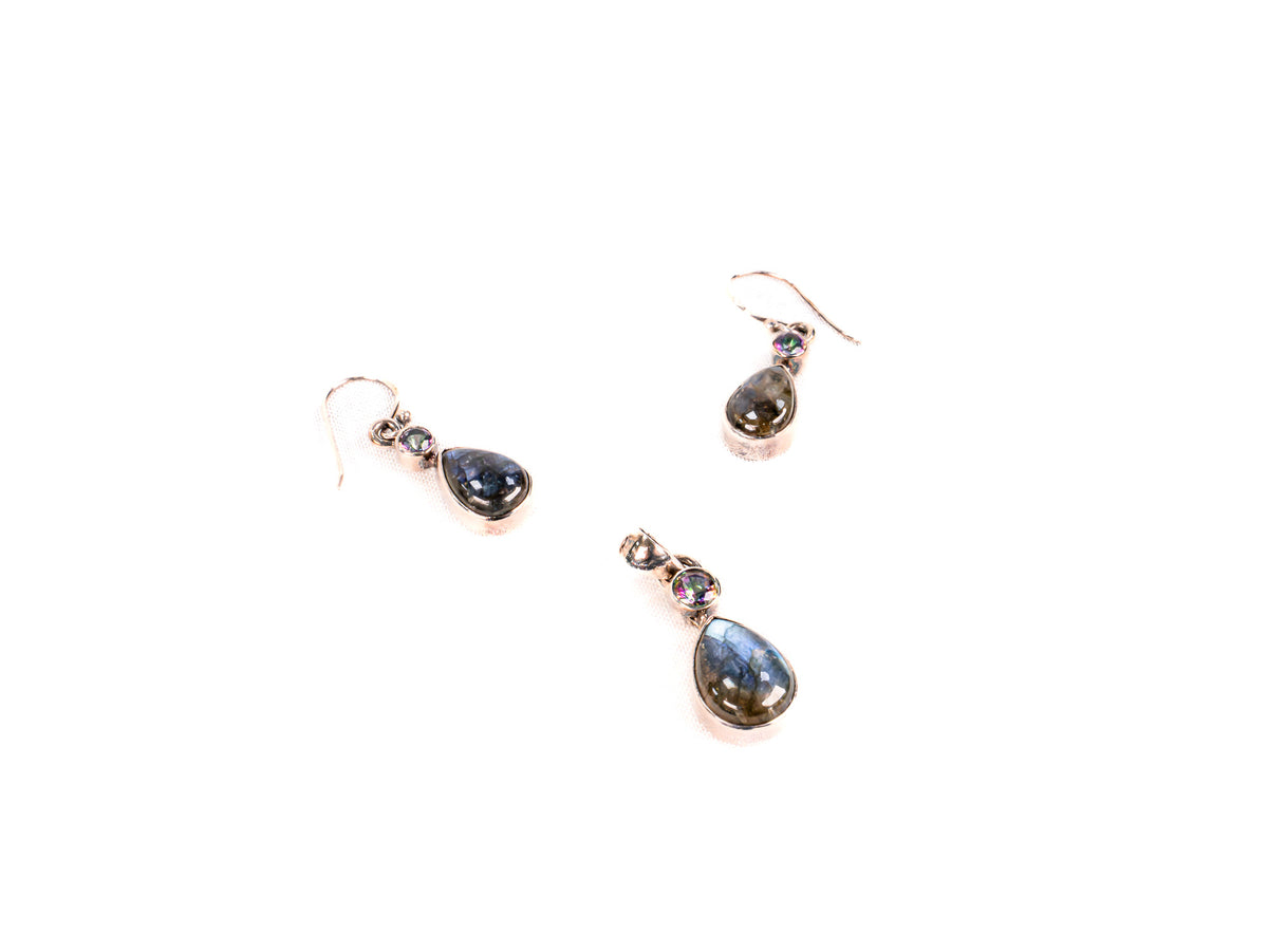 Set Bijuterii din Argint 925 - Cercei, Pandantiv - Labradorit - Verde