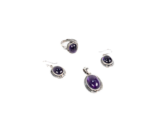 Set Bijuterii din Argint 925 - Cercei, Inel, Pandantiv - Ametist - Marime 7 / Reglabil - Violet