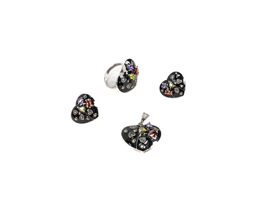 Set Bijuterii din Argint 925 - Cercei, Inel, Pandantiv - Email, Peridot, Rubin si Marcasite - Marime 9 - Multicolor