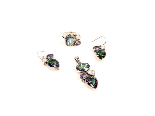 Set Bijuterii din Argint 925 - Cercei, Pandantiv, Inel - Perla, Ametist - Marime 8 / Reglabil - Alb, Violet