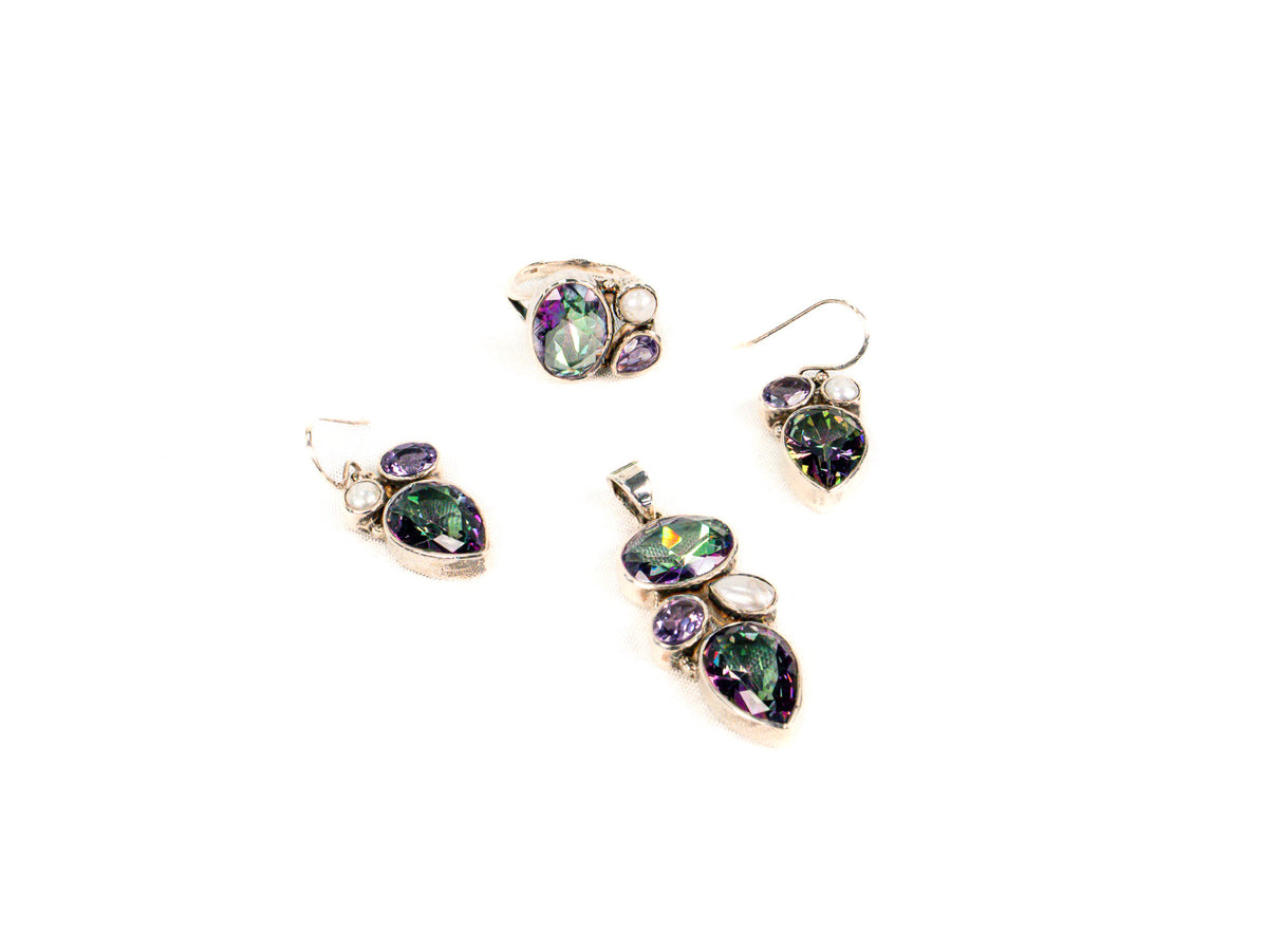 Set Bijuterii din Argint 925 - Cercei, Pandantiv, Inel - Perla, Ametist - Marime 8 / Reglabil - Alb, Violet