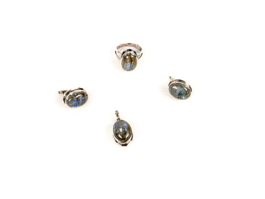 Set Bijuterii din Argint 925 - Cercei, Inel, Pandantiv - Labradorit - Marime 7 - Albastru