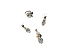 Set Bijuterii din Argint 925 - Cercei, Inel, Pandantiv - Onix, Citrin, Quartz Rutilat - Marime 9 / Reglabil - Negru, Auriu