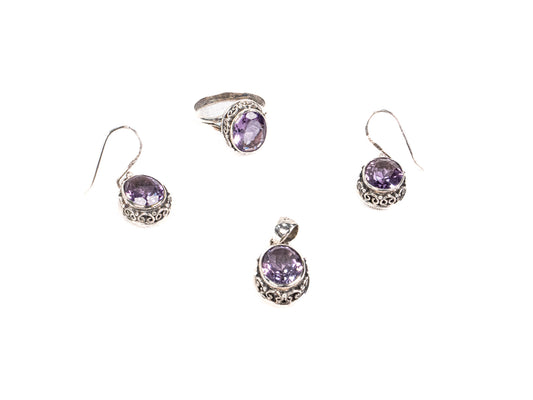Set Bijuterii din Argint 925 - Cercei, Inel - Ametist - Marime 9 - Violet
