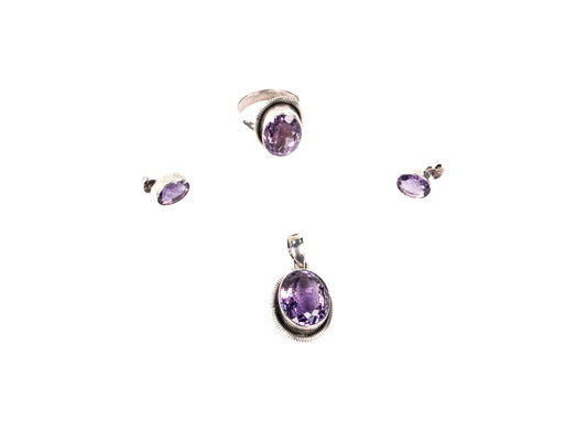 Set Bijuterii din Argint 925 - Cercei, Inel, Pandantiv - Ametist - Marime 8 / Reglabil - Violet #2
