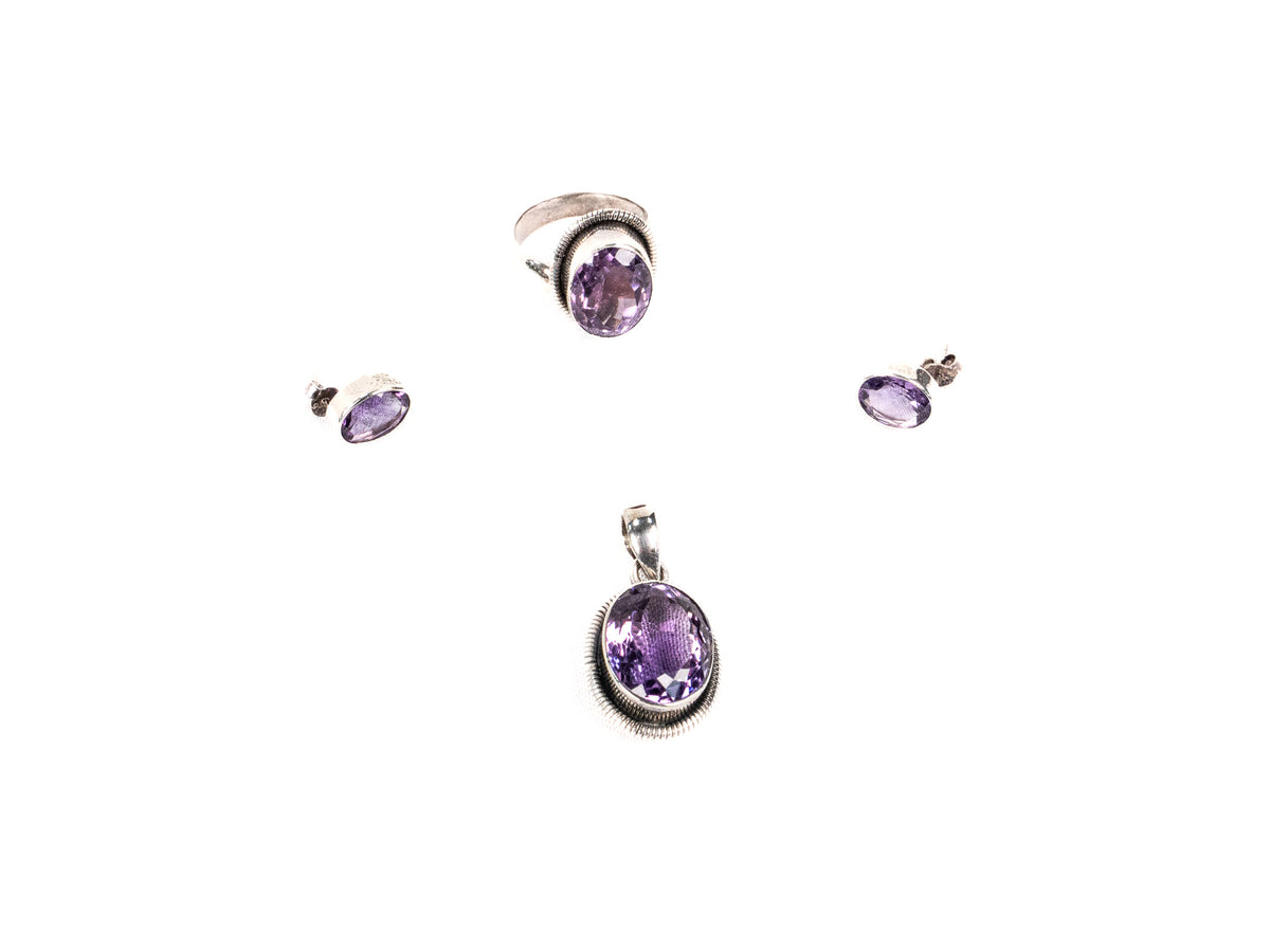 Set Bijuterii din Argint 925 - Cercei, Inel, Pandantiv - Ametist - Marime 8 / Reglabil - Violet #2