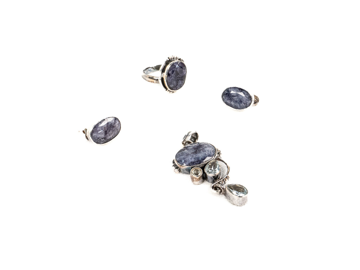 Set Bijuterii din Argint 925 - Cercei, Inel, Pandantiv - Aquamarine - Marime 8 / Reglabil - Albastru