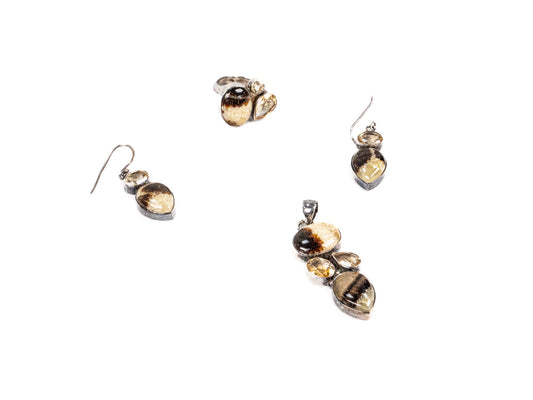 Set Bijuterii din Argint 925 - Cercei, Inel, Pandantiv - Citrin, Mokait - Marime 8 / Reglabil - Maro