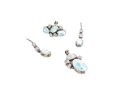 Set Bijuterii din Argint 925 - Cercei, Inel, Pandantiv - Larimar, Piatra Lunii - Marime 8 - Bleu