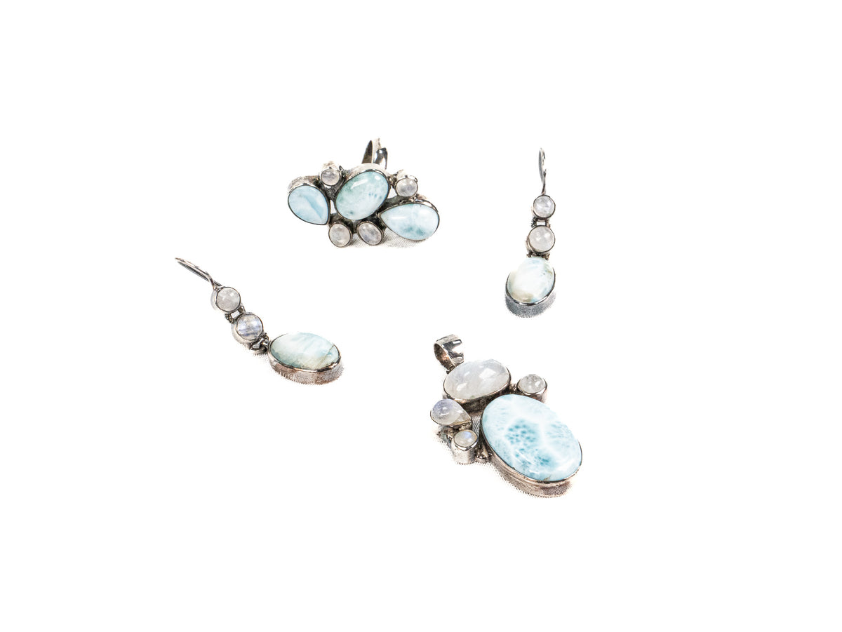 Set Bijuterii din Argint 925 - Cercei, Inel, Pandantiv - Larimar, Piatra Lunii - Marime 8 - Bleu