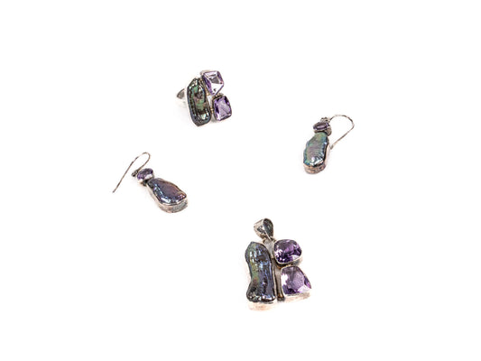 Set Bijuterii din Argint 925 - Cercei, Inel, Pandantiv - Cabochon - Marime 8 / Reglabil - Violet