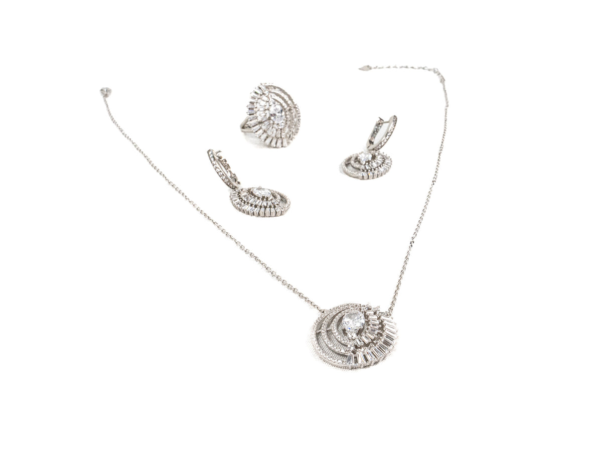 Set Bijuterii din Argint 925 - Cercei, Inel, Lant, Pandantiv - Zirconia - Marime 8 - Argintiu