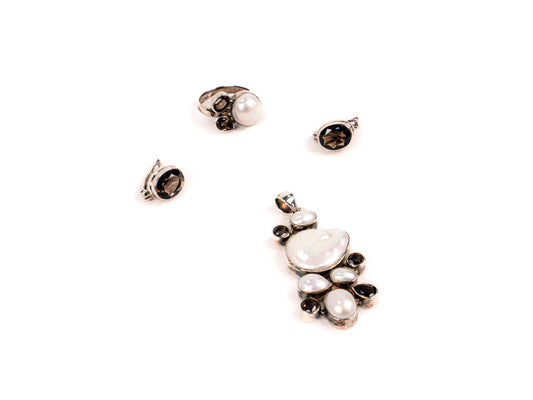 Set Bijuterii din Argint 925 - Cercei, Inel, Pandantiv - Cuart Fumuriu - Marime 8 / Reglabil - Maro