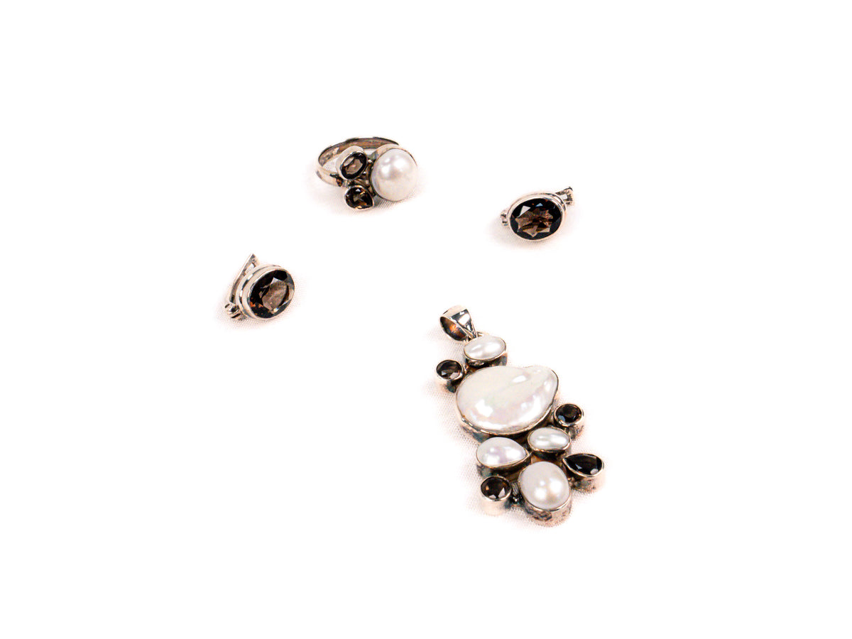 Set Bijuterii din Argint 925 - Cercei, Inel, Pandantiv - Cuart Fumuriu - Marime 8 / Reglabil - Maro