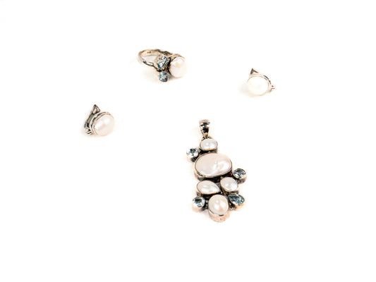 Set Bijuterii din Argint 925 - Cercei, Inel, Pandantiv - Aquamarine - Marime 8 / Reglabil - Bleu