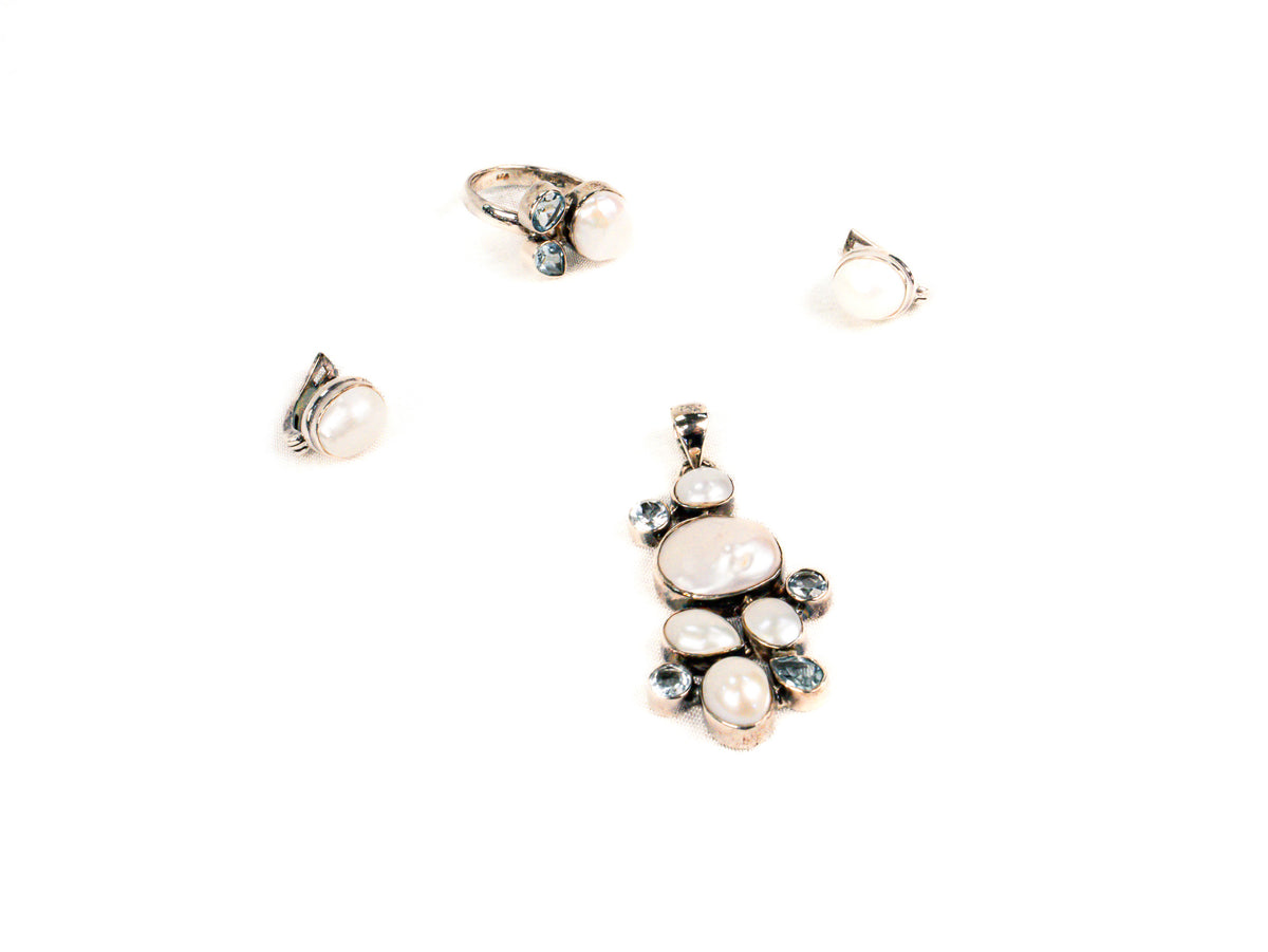 Set Bijuterii din Argint 925 - Cercei, Inel, Pandantiv - Aquamarine - Marime 8 / Reglabil - Bleu