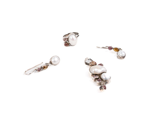 Set Bijuterii din Argint 925 - Cercei, Inel, Pandantiv - Turmaline - Marime 8.5 - Roz, Auriu