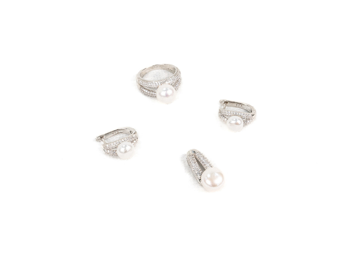 Set Bijuterii din Argint 925 - Cercei, Inel, Pandantiv - Zirconia - Marime 8 - Argintiu