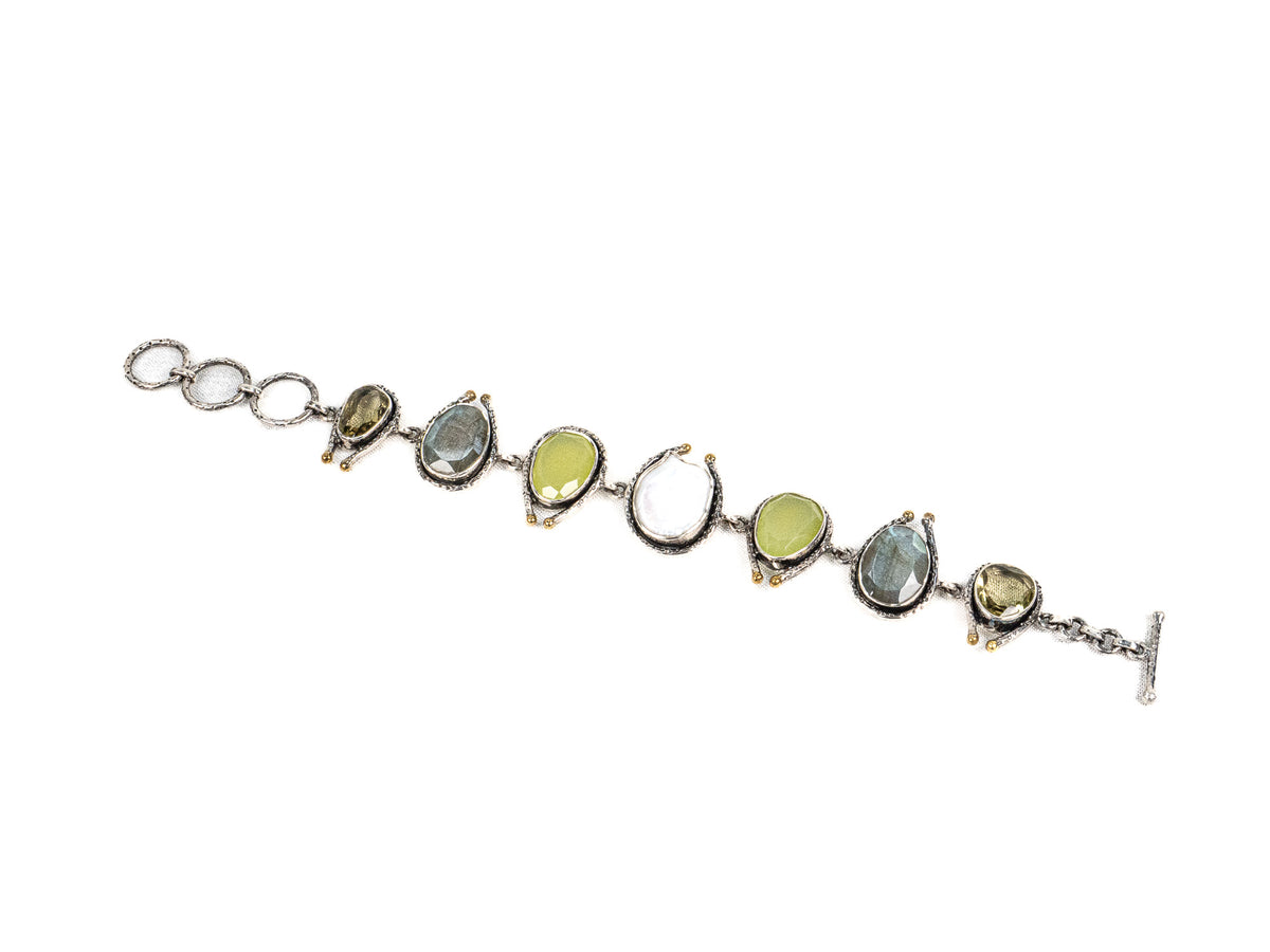 Bratara din Argint 925 - cu Labradorit, Perla Sidefata, Agat - Reglabila - 200mm x 20mm - Alb