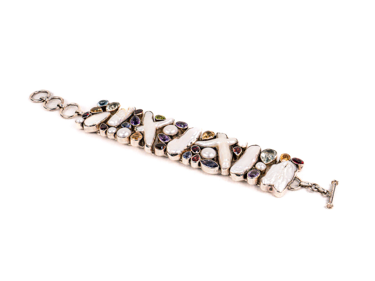 Bratara din Argint 925 - cu Perla Sidefata, Ametist Citrin - Reglabila - 190mm x 25mm - Multicolor